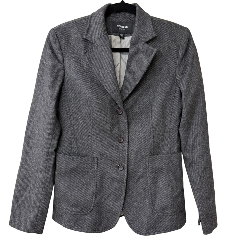 Express Womens Y2K 3-Button Blazer Wool Cashmere Size 5/6 Grey Textured Jacket